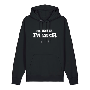 Hoodie in schwarz mit weißem Aufdruck "Gut, besser, Pälzer". 