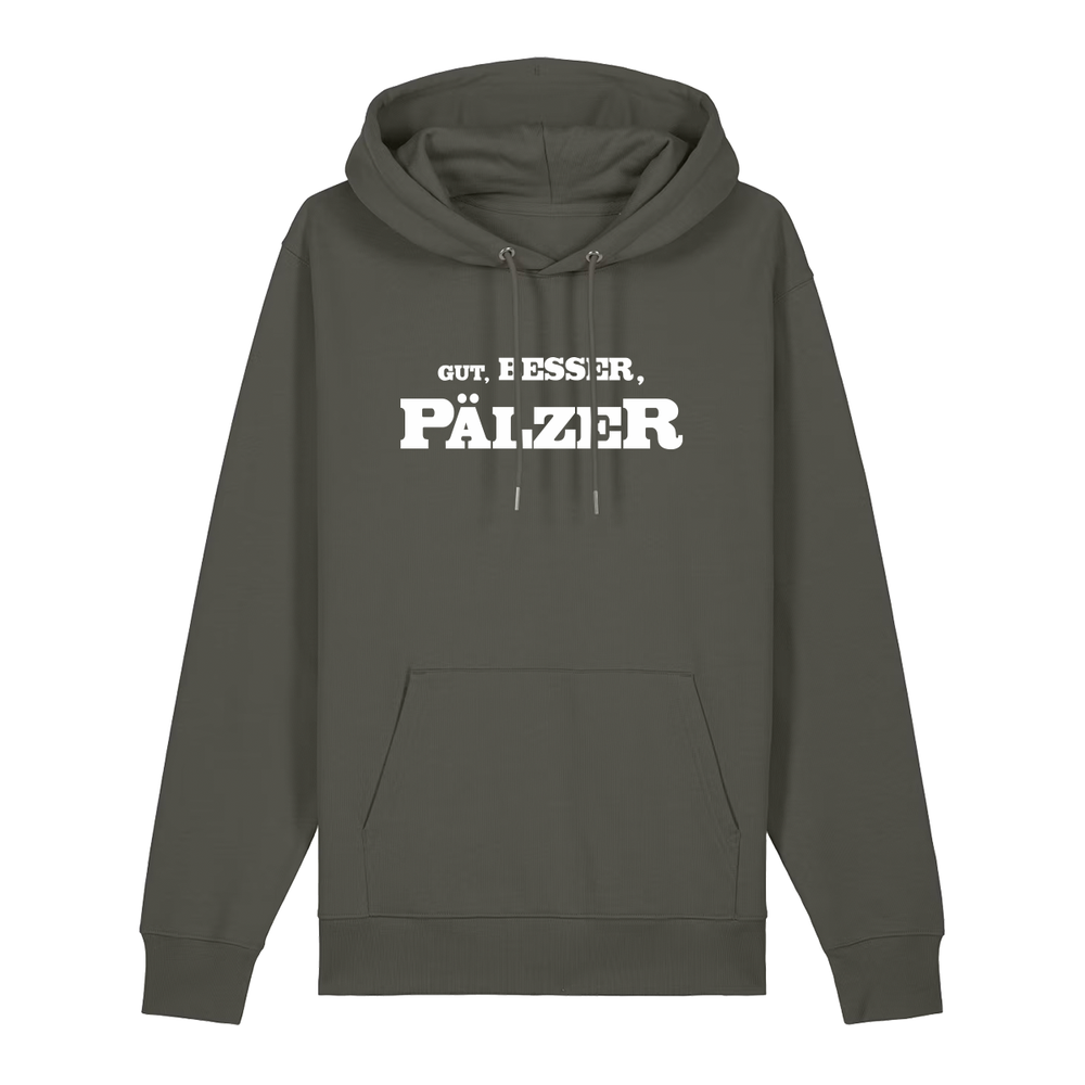 Hoodie in khaki mit weißem Aufdruck "Gut, besser, Pälzer". 