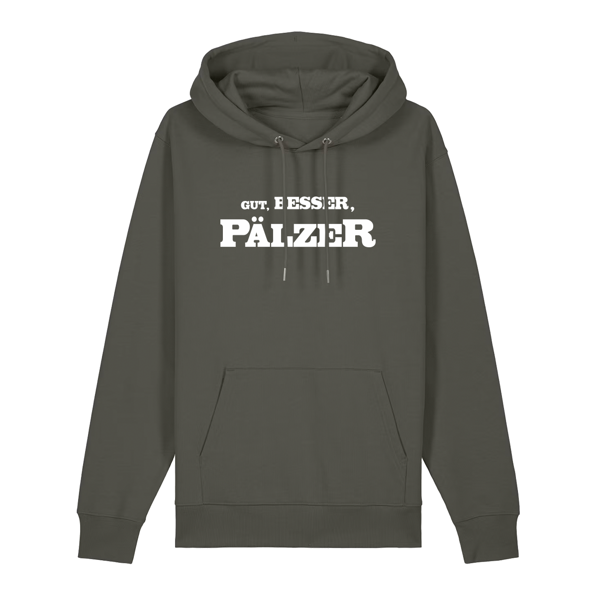 Hoodie in khaki mit weißem Aufdruck "Gut, besser, Pälzer". 