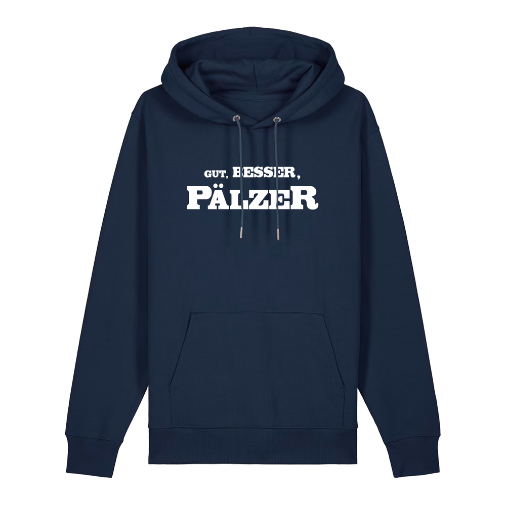 Hoodie in navy mit weißem Aufdruck "Gut, besser, Pälzer". 