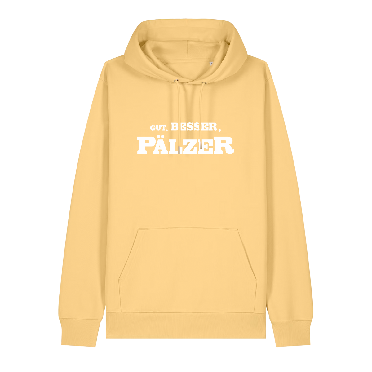 Hoodie in gelb mit weißem Aufdruck "Gut, besser, Pälzer". 