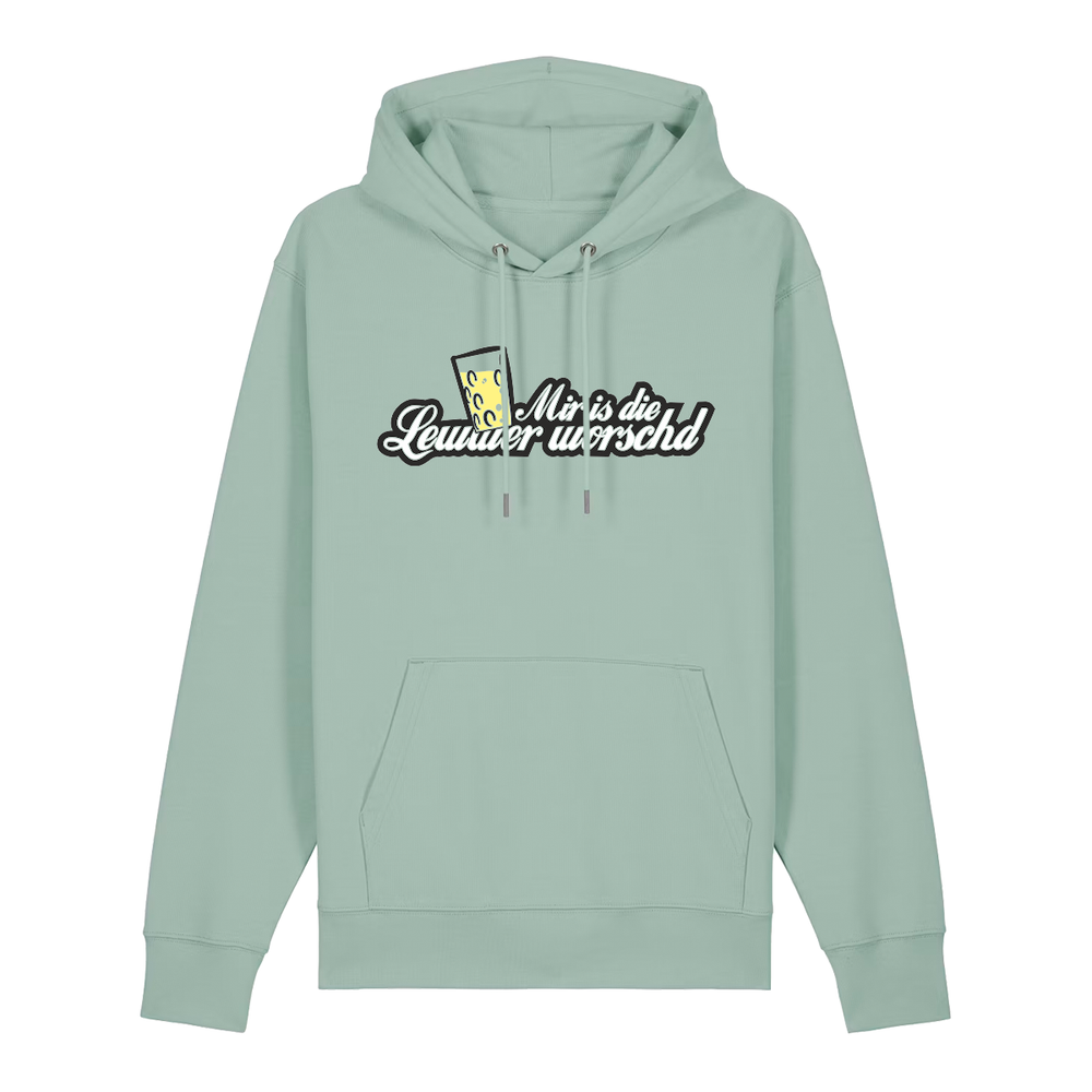 Hoodie in aloe mit weißem Aufdruck "Mir is die Lewwer worschd mit einem Dubbeglas".