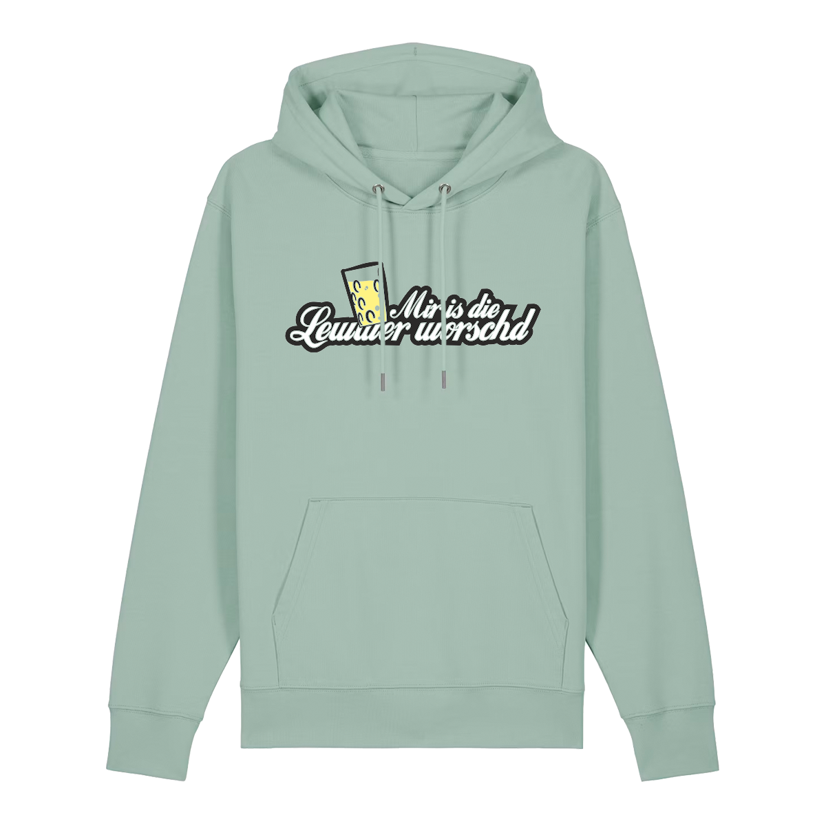 Hoodie in aloe mit weißem Aufdruck "Mir is die Lewwer worschd mit einem Dubbeglas".
