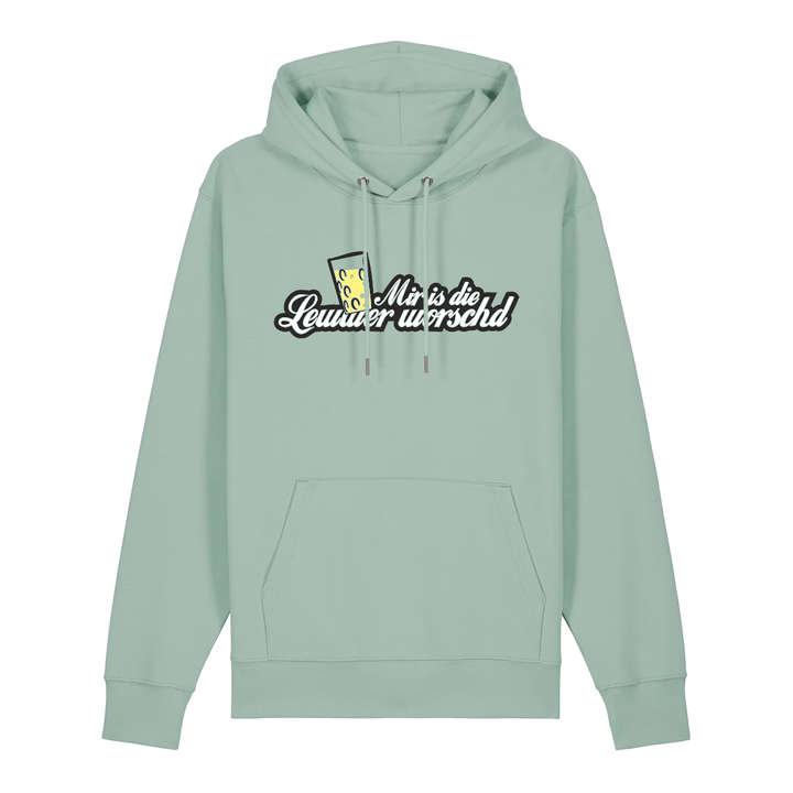 Hoodie in aloe mit weißem Aufdruck "Mir is die Lewwer worschd mit einem Dubbeglas".