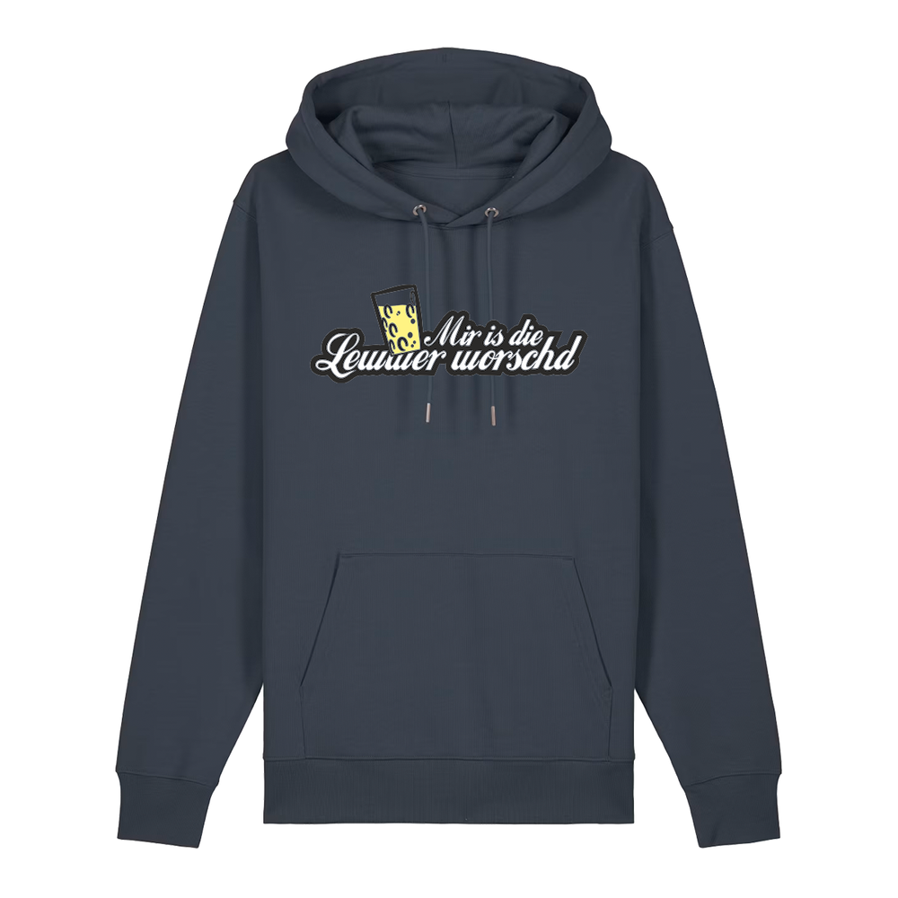 Hoodie in anthrazit mit weißem Aufdruck "Mir is die Lewwer worschd mit einem Dubbeglas".