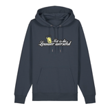 Hoodie in anthrazit mit weißem Aufdruck "Mir is die Lewwer worschd mit einem Dubbeglas".