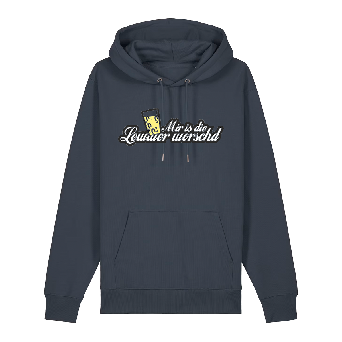 Hoodie in anthrazit mit weißem Aufdruck "Mir is die Lewwer worschd mit einem Dubbeglas".
