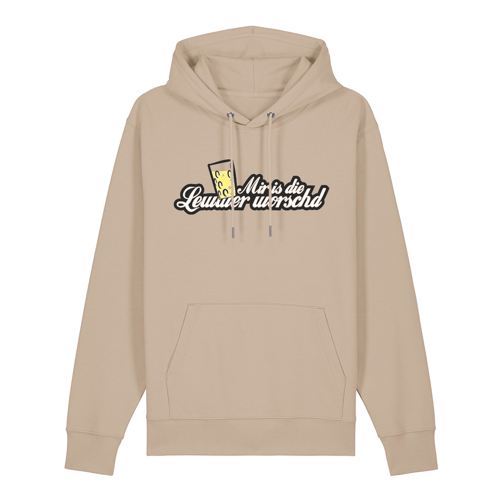 Hoodie in beige mit weißem Aufdruck "Mir is die Lewwer worschd mit einem Dubbeglas".