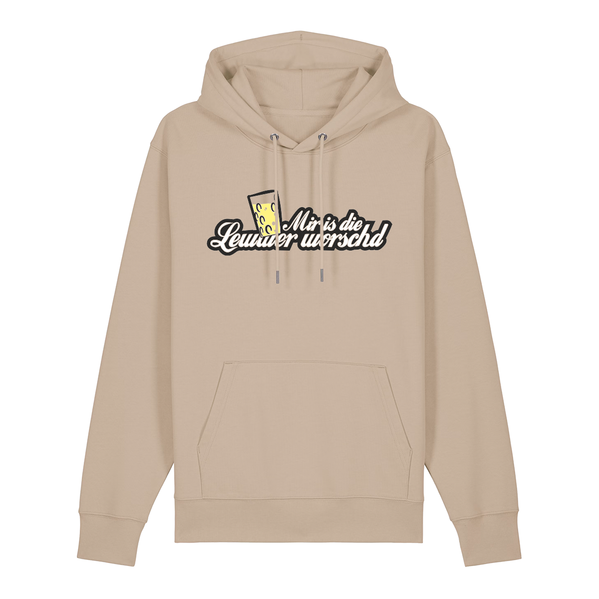 Hoodie in beige mit weißem Aufdruck "Mir is die Lewwer worschd mit einem Dubbeglas".