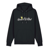 Hoodie in schwarz mit weißem Aufdruck "Mir is die Lewwer worschd mit einem Dubbeglas".