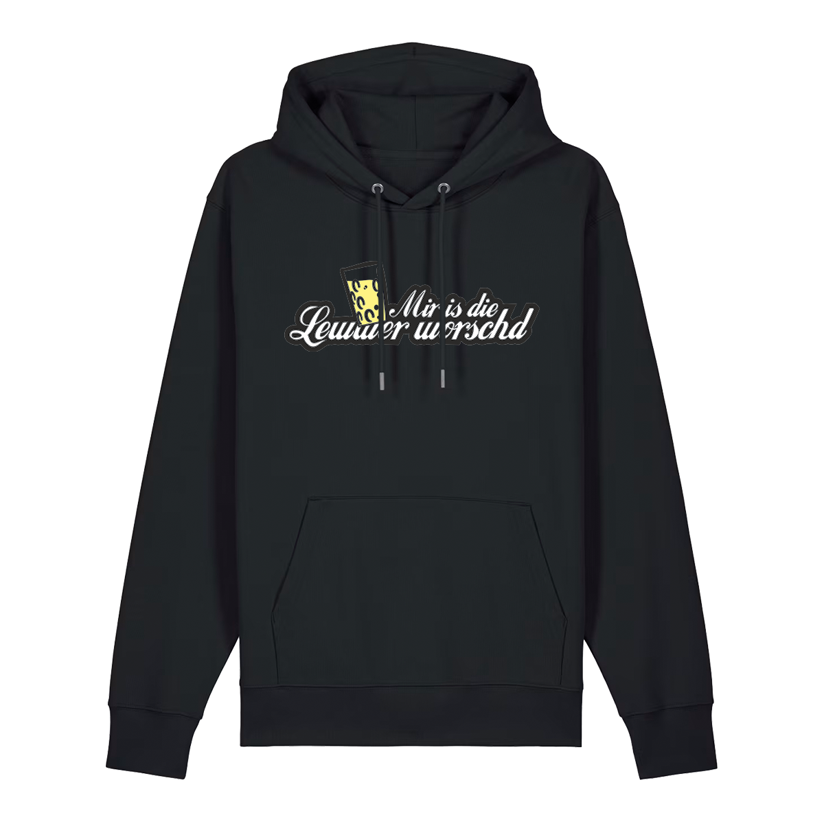 Hoodie in schwarz mit weißem Aufdruck "Mir is die Lewwer worschd mit einem Dubbeglas".