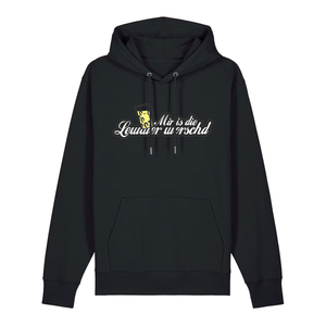 Hoodie in schwarz mit weißem Aufdruck "Mir is die Lewwer worschd mit einem Dubbeglas".