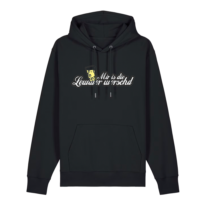 Hoodie in schwarz mit weißem Aufdruck "Mir is die Lewwer worschd mit einem Dubbeglas".