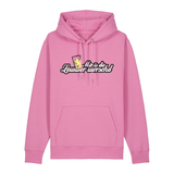 Hoodie in bubbelpink mit weißem Aufdruck "Mir is die Lewwer worschd mit einem Dubbeglas".