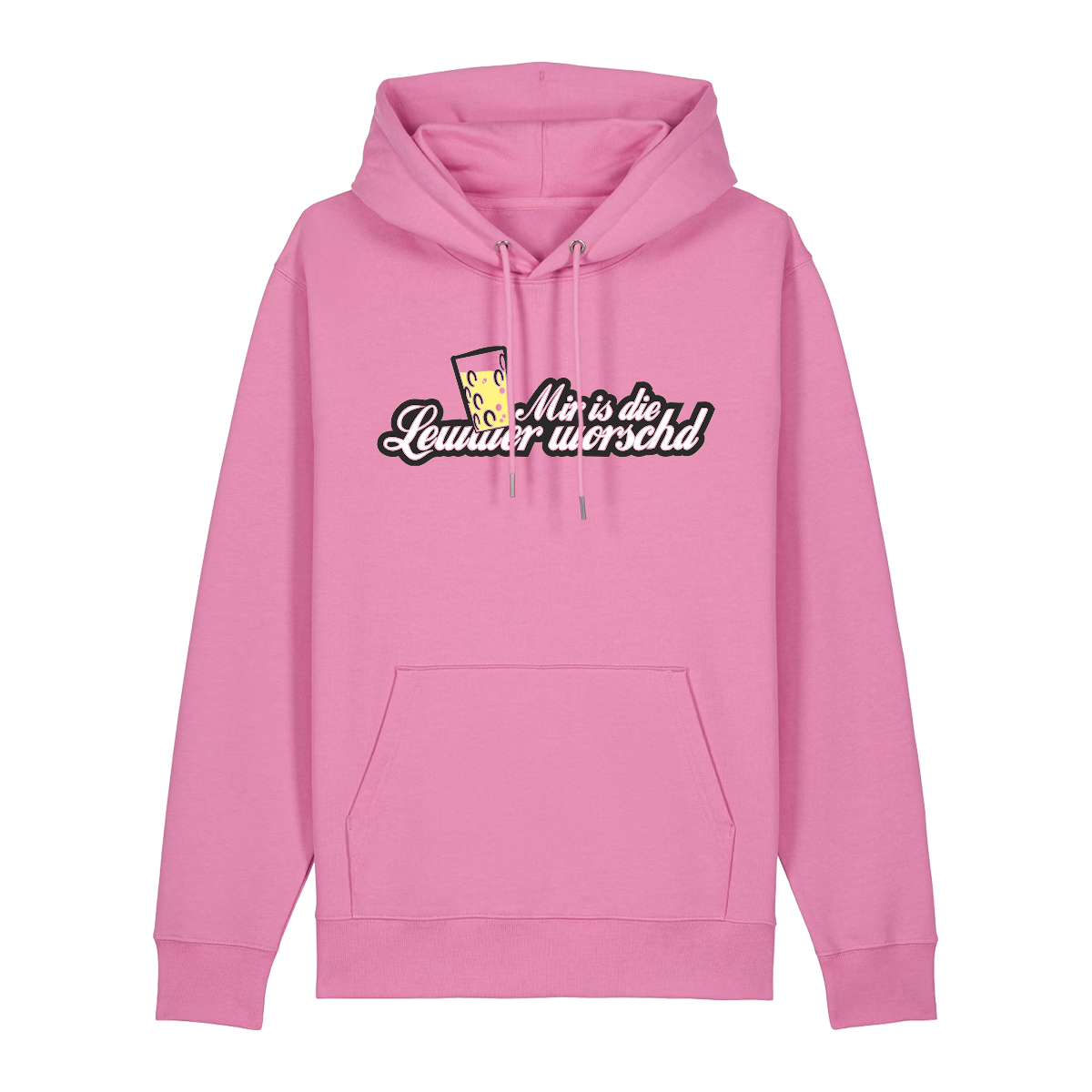 Hoodie in bubbelpink mit weißem Aufdruck "Mir is die Lewwer worschd mit einem Dubbeglas".
