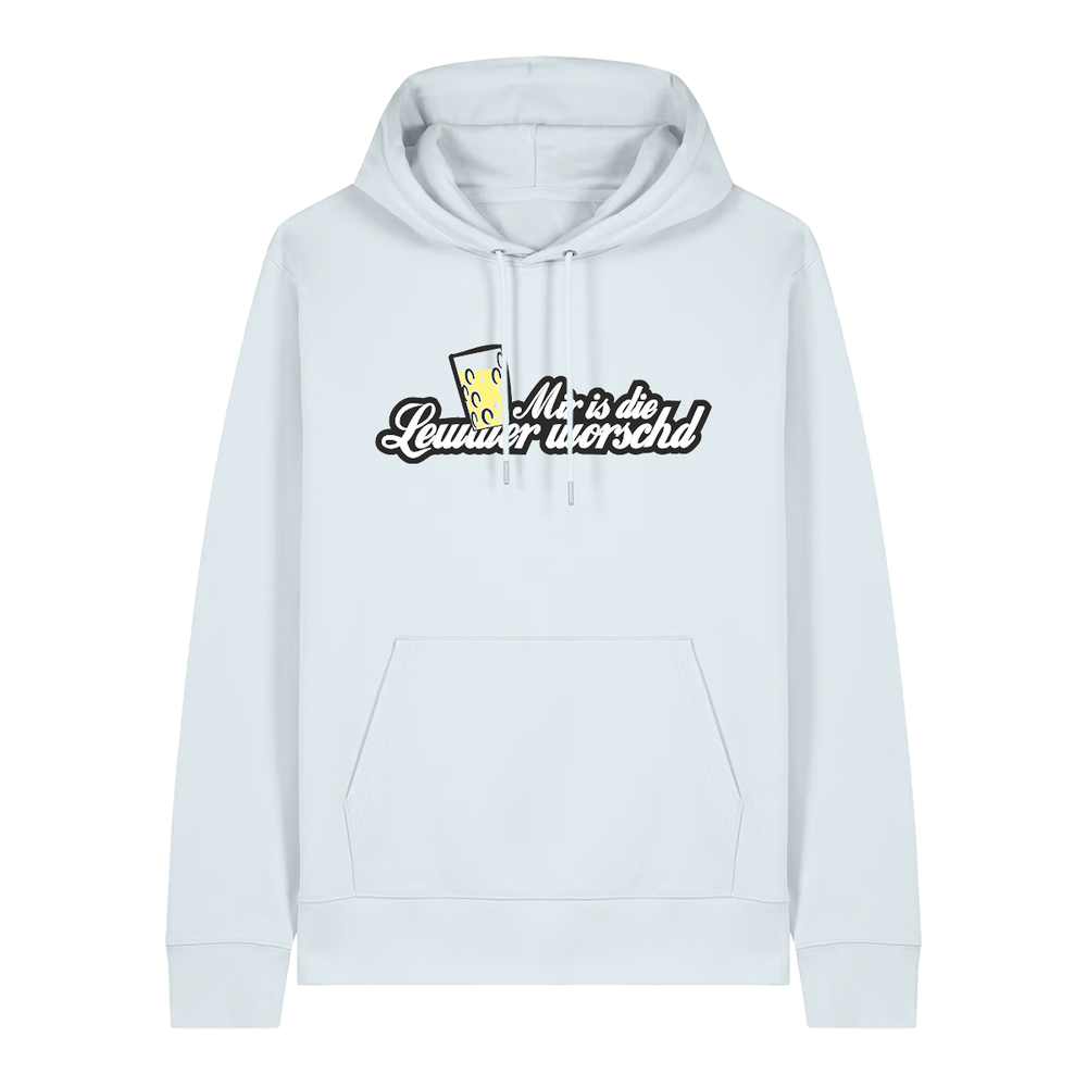 Hoodie in eisblau mit weißem Aufdruck "Mir is die Lewwer worschd mit einem Dubbeglas".