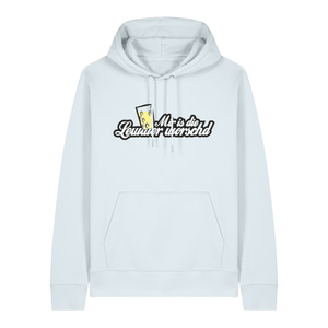 Hoodie in eisblau mit weißem Aufdruck "Mir is die Lewwer worschd mit einem Dubbeglas".