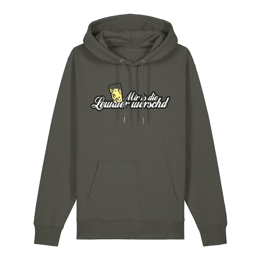 Hoodie in khaki mit weißem Aufdruck "Mir is die Lewwer worschd mit einem Dubbeglas".