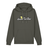 Hoodie in khaki mit weißem Aufdruck "Mir is die Lewwer worschd mit einem Dubbeglas".