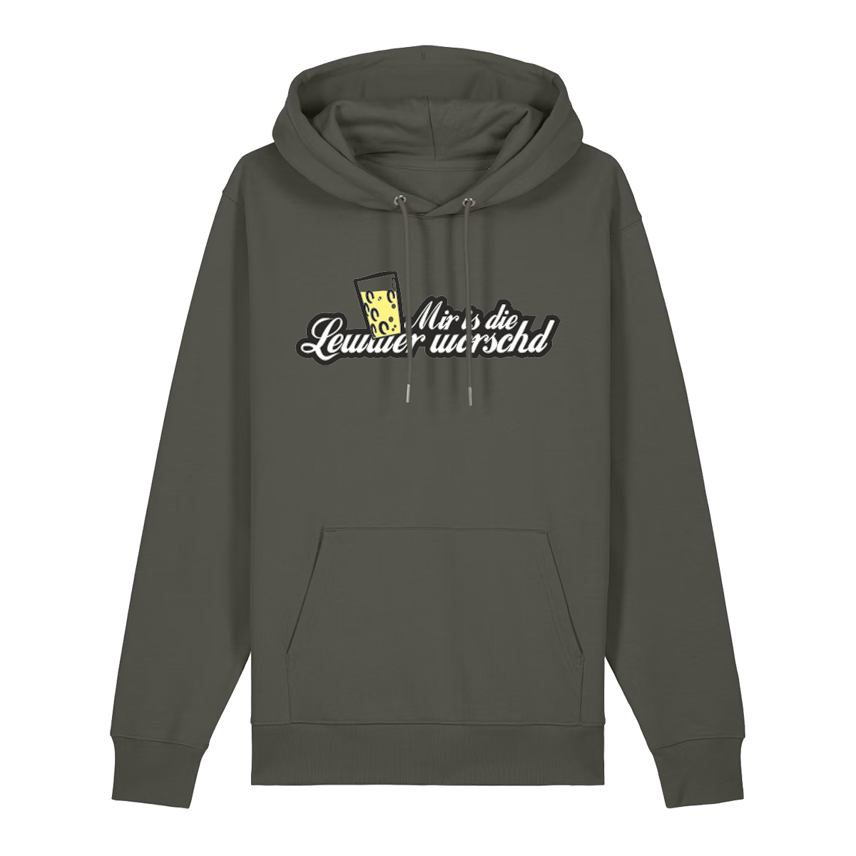 Hoodie in khaki mit weißem Aufdruck "Mir is die Lewwer worschd mit einem Dubbeglas".