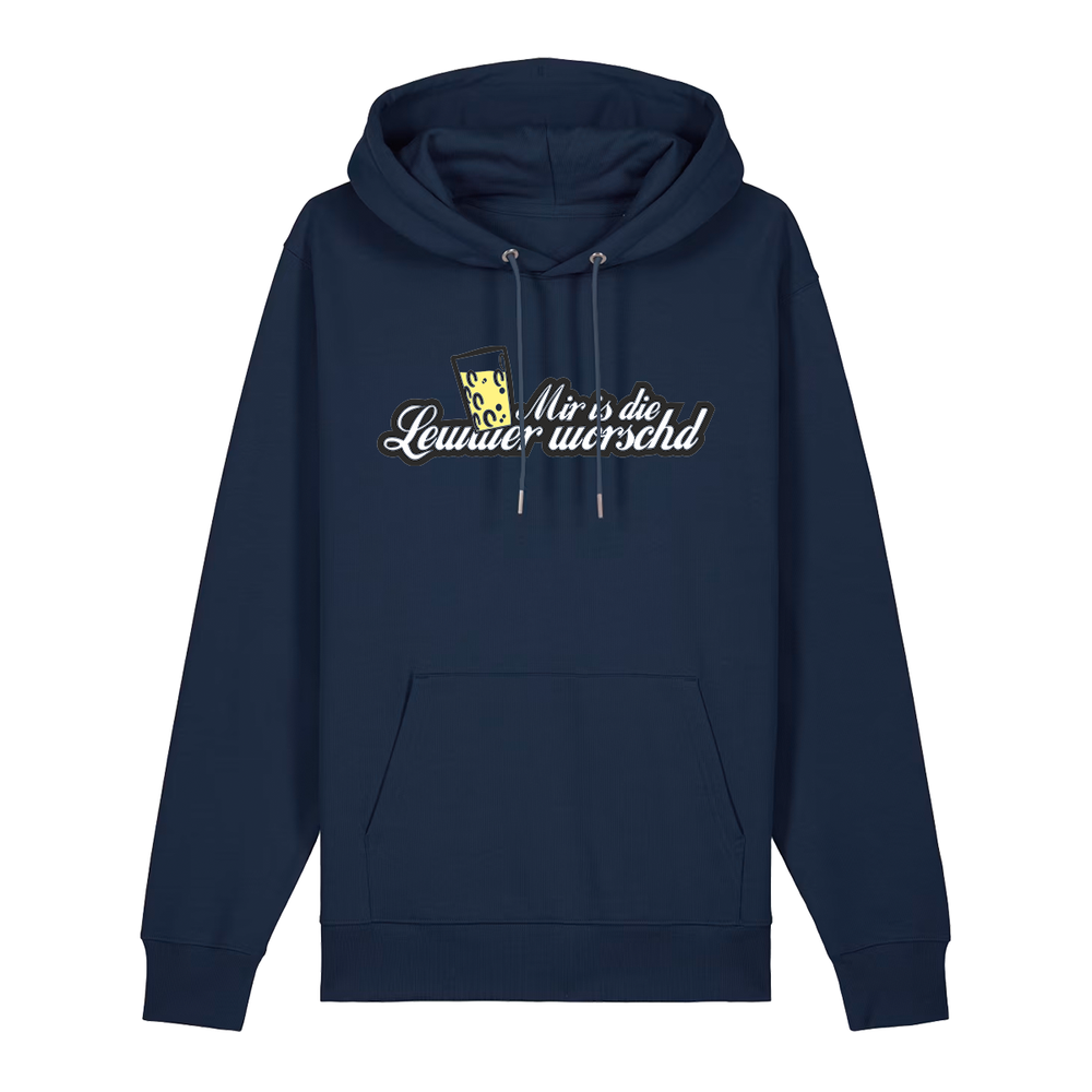 Hoodie in navy mit weißem Aufdruck "Mir is die Lewwer worschd mit einem Dubbeglas".