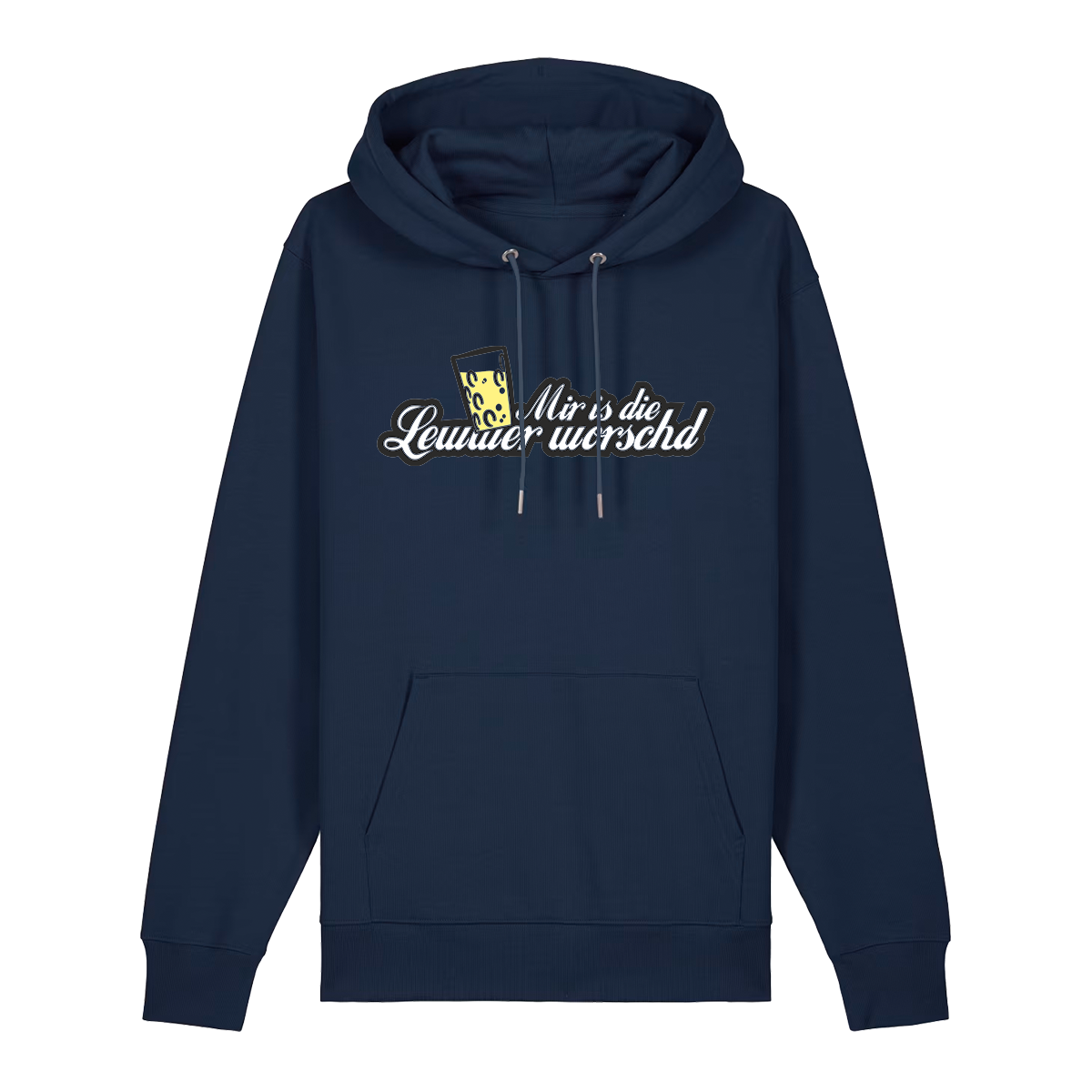 Hoodie in navy mit weißem Aufdruck "Mir is die Lewwer worschd mit einem Dubbeglas".