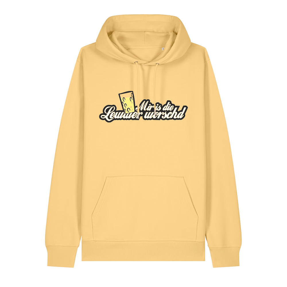 Hoodie in gelb mit weißem Aufdruck "Mir is die Lewwer worschd mit einem Dubbeglas".