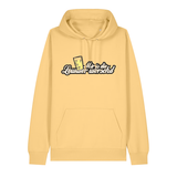 Hoodie in gelb mit weißem Aufdruck "Mir is die Lewwer worschd mit einem Dubbeglas".