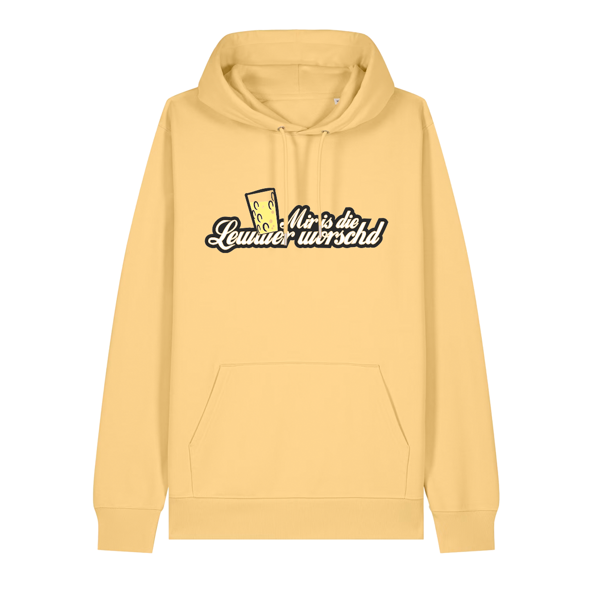 Hoodie in gelb mit weißem Aufdruck "Mir is die Lewwer worschd mit einem Dubbeglas".