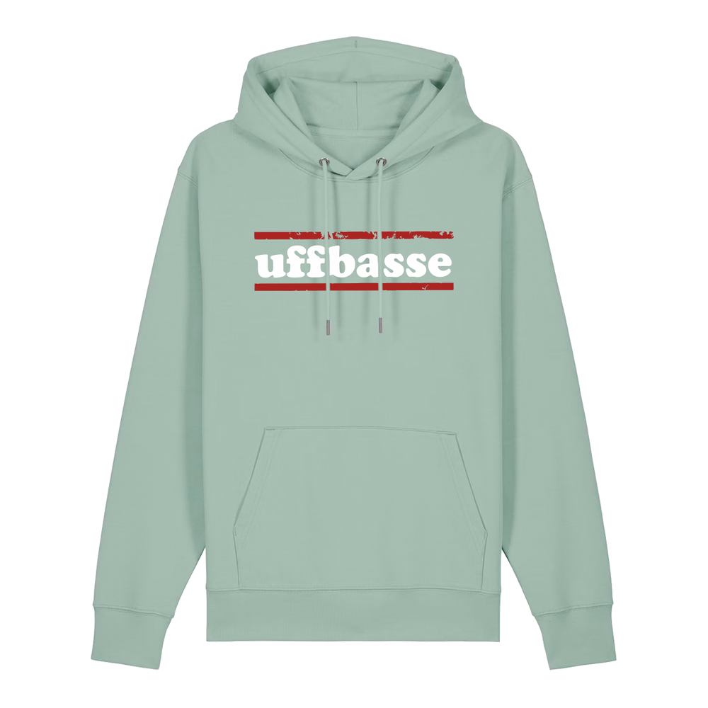 Hoodie in aloe mit weißem Uffbasse Schriftzug und roten Linien.