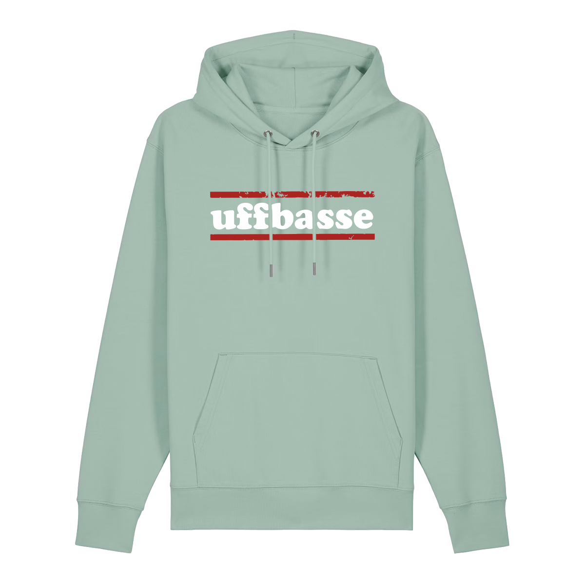 Hoodie in aloe mit weißem Uffbasse Schriftzug und roten Linien.