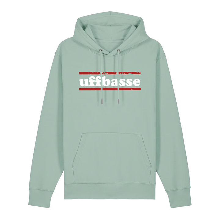 Hoodie in aloe mit weißem Uffbasse Schriftzug und roten Linien.