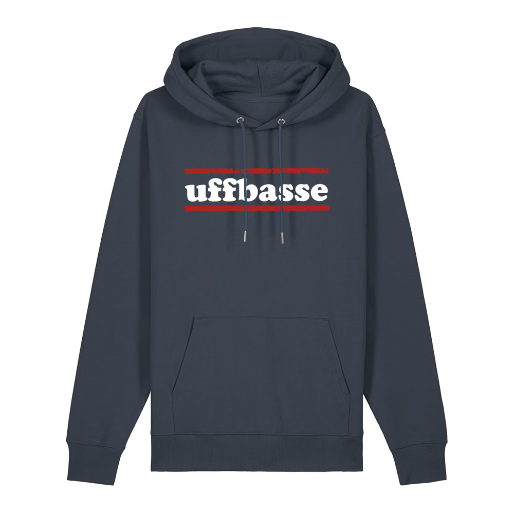 Hoodie in anthrazit mit weißem Uffbasse Schriftzug und roten Linien.