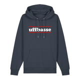 Hoodie in anthrazit mit weißem Uffbasse Schriftzug und roten Linien.