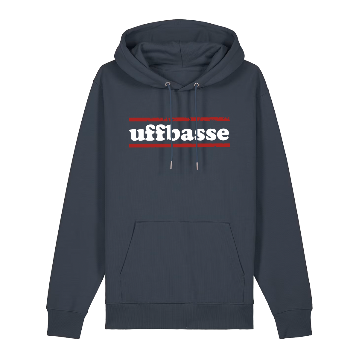 Hoodie in anthrazit mit weißem Uffbasse Schriftzug und roten Linien.