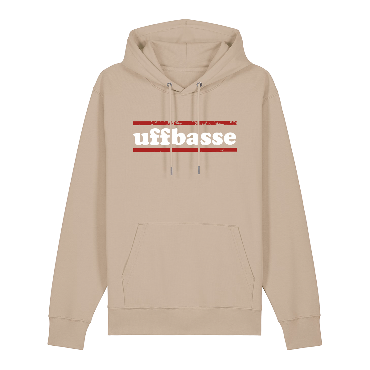 Hoodie in beige mit weißem Uffbasse Schriftzug und roten Linien.
