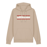 Hoodie in beige mit weißem Uffbasse Schriftzug und roten Linien.