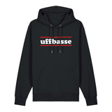 Hoodie in schwarz mit weißem Uffbasse Schriftzug und roten Linien.