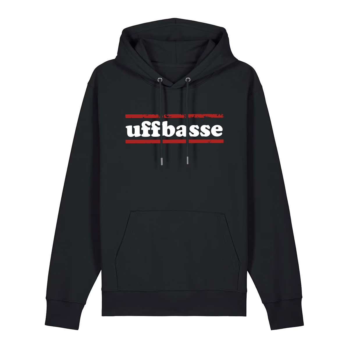 Hoodie in schwarz mit weißem Uffbasse Schriftzug und roten Linien.