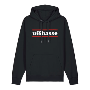 Hoodie in schwarz mit weißem Uffbasse Schriftzug und roten Linien.