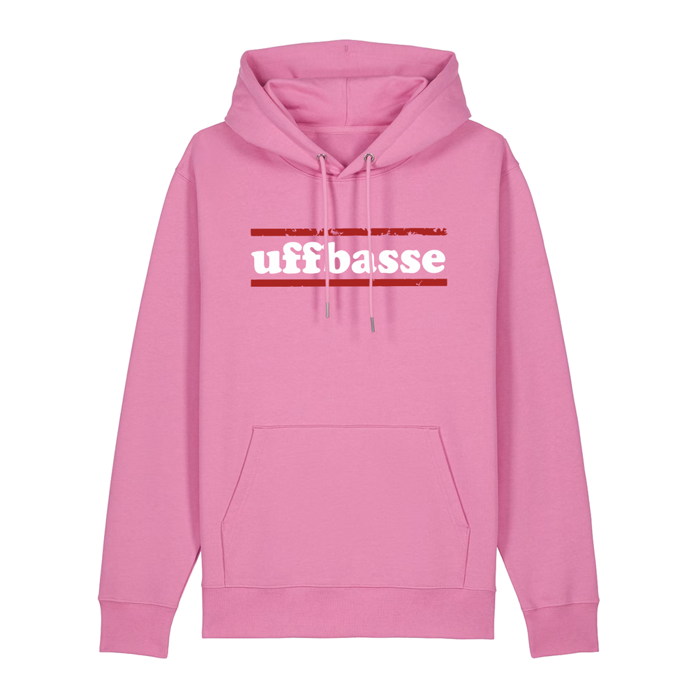 Hoodie in bubbelpink mit weißem Uffbasse Schriftzug und roten Linien.
