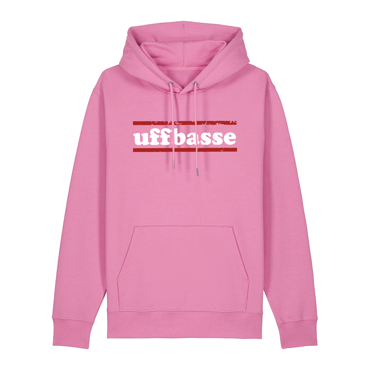 Hoodie in bubbelpink mit weißem Uffbasse Schriftzug und roten Linien.