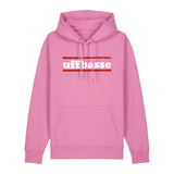 Hoodie in bubbelpink mit weißem Uffbasse Schriftzug und roten Linien.