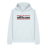 Hoodie in eisblau mit schwarzem Uffbasse Schriftzug und roten Linien.