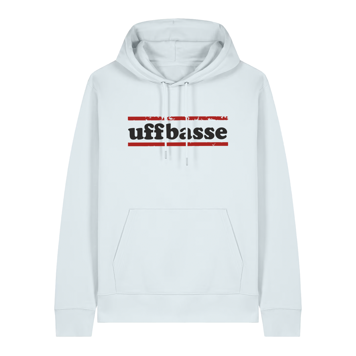 Hoodie in eisblau mit schwarzem Uffbasse Schriftzug und roten Linien.