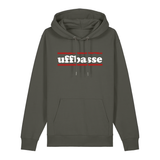 Hoodie in khaki mit weißem Uffbasse Schriftzug und roten Linien.