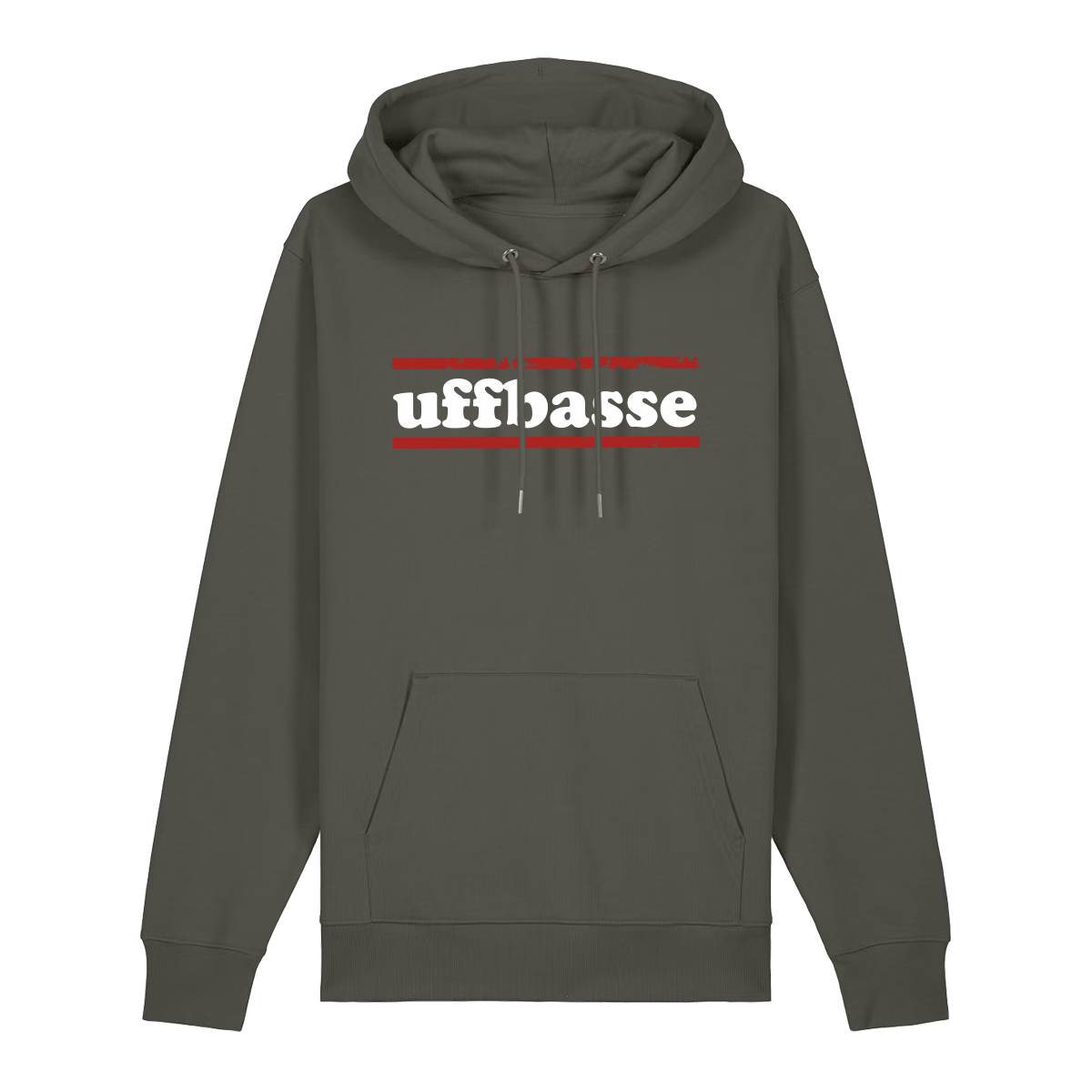 Hoodie in khaki mit weißem Uffbasse Schriftzug und roten Linien.