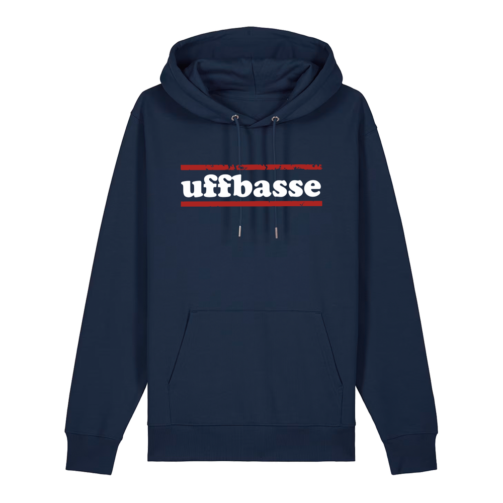 Hoodie in navy mit weißem Uffbasse Schriftzug und roten Linien.