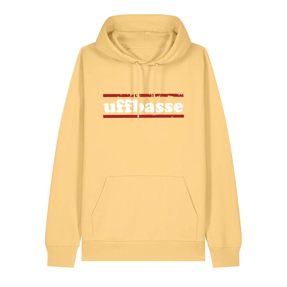 Hoodie in gelb mit weißem Uffbasse Schriftzug und roten Linien.