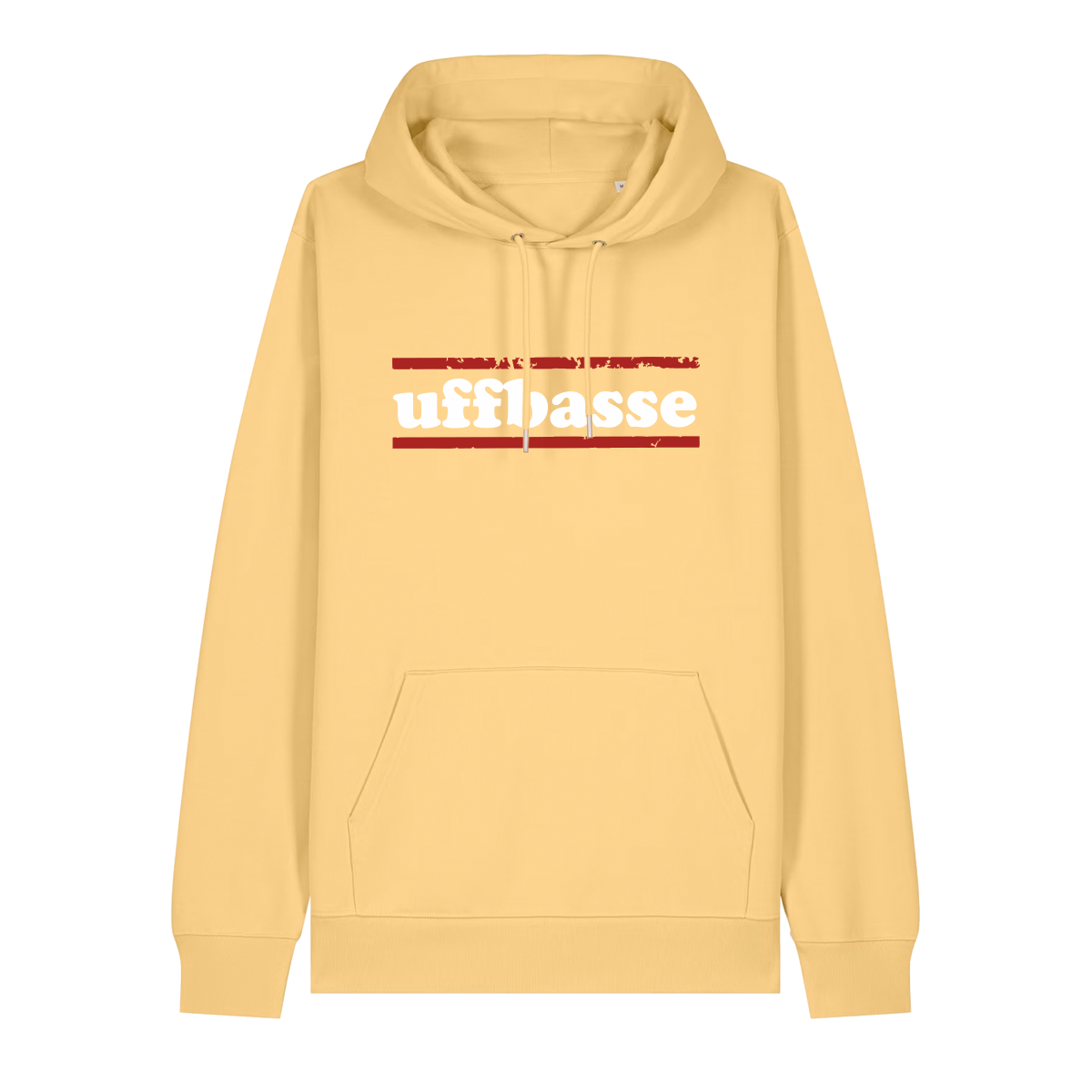 Hoodie in gelb mit weißem Uffbasse Schriftzug und roten Linien.